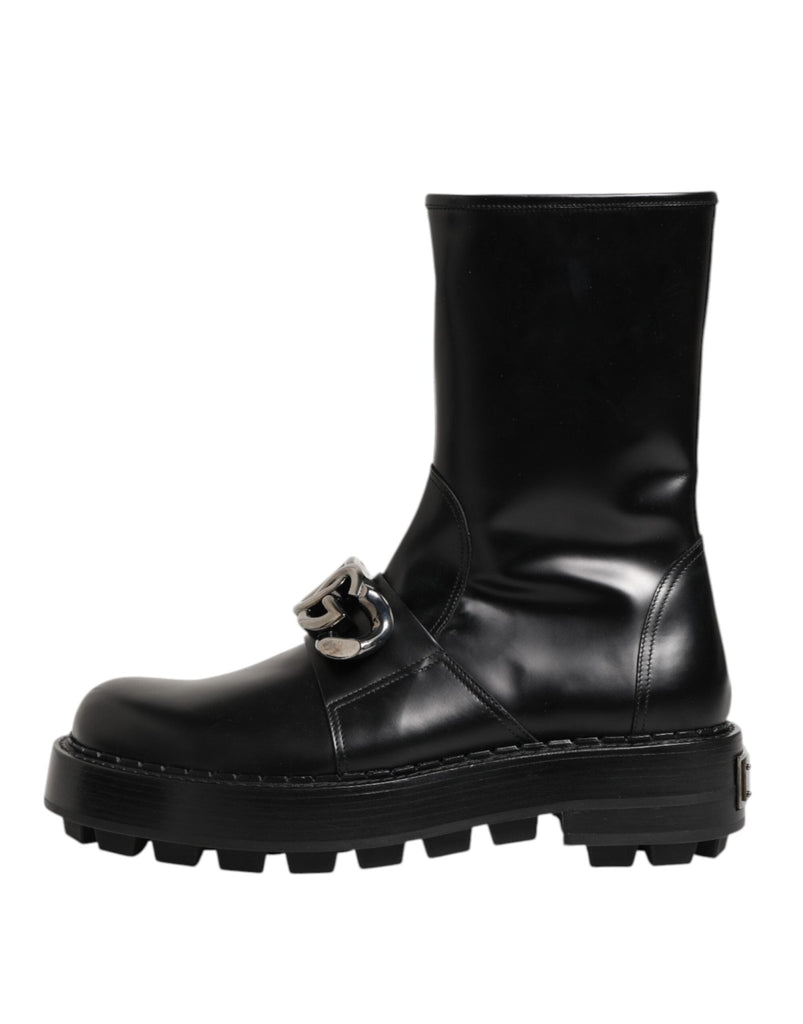 Dolce & Gabbana Black Logo Plaque Mid Calf Biker Boots Shoes - Beyzy Store - Dolce & Gabbana