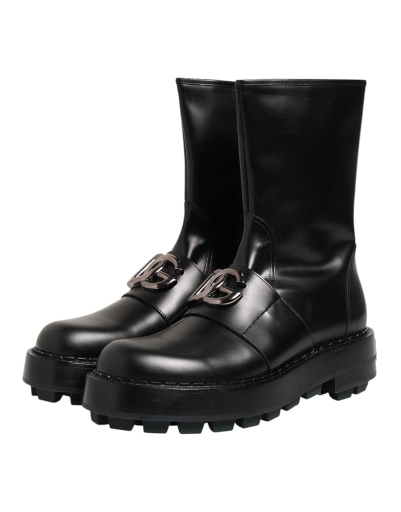 Dolce & Gabbana Black Logo Plaque Mid Calf Biker Boots Shoes - Beyzy Store - Dolce & Gabbana