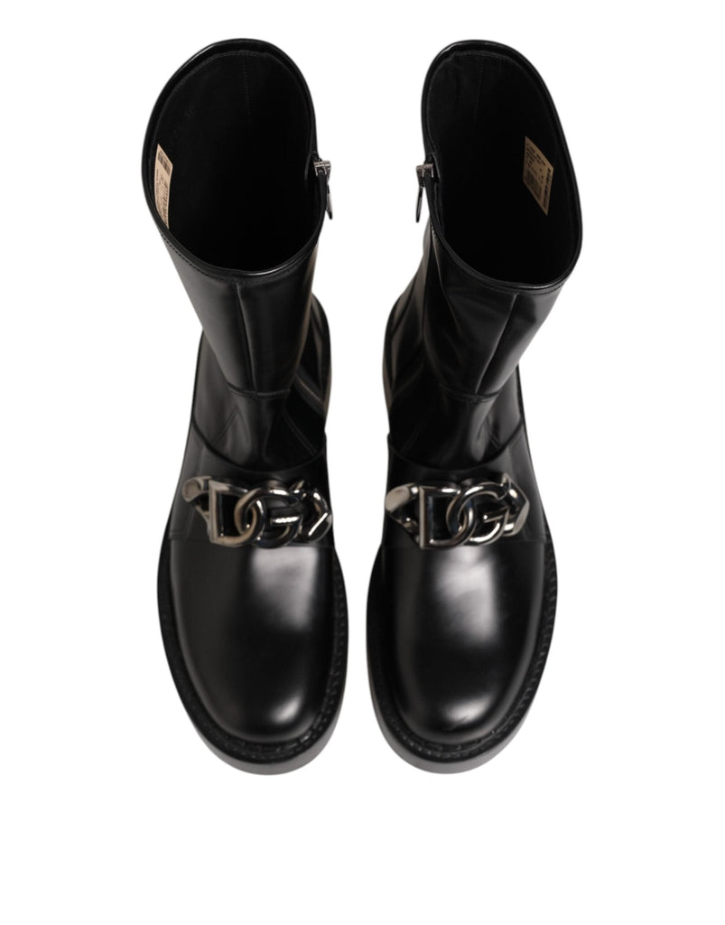 Dolce & Gabbana Black Logo Plaque Mid Calf Biker Boots Shoes - Beyzy Store - Dolce & Gabbana