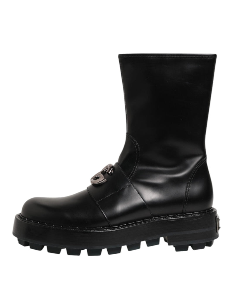 Dolce & Gabbana Black Logo Plaque Mid Calf Biker Boots Shoes - Beyzy Store - Dolce & Gabbana