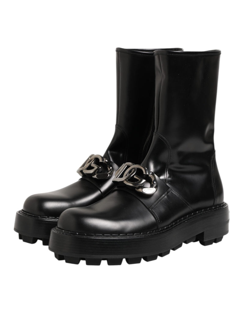 Dolce & Gabbana Black Logo Plaque Mid Calf Biker Boots Shoes - Beyzy Store - Dolce & Gabbana