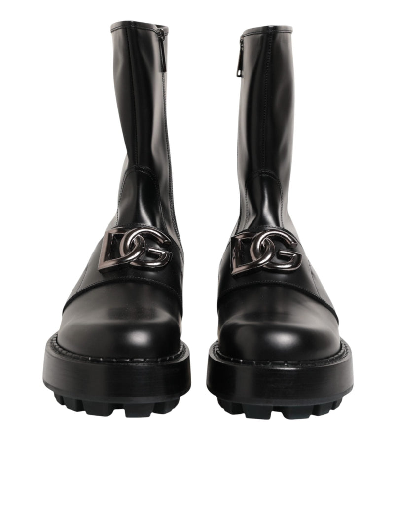 Dolce & Gabbana Black Logo Plaque Mid Calf Biker Boots Shoes - Beyzy Store - Dolce & Gabbana