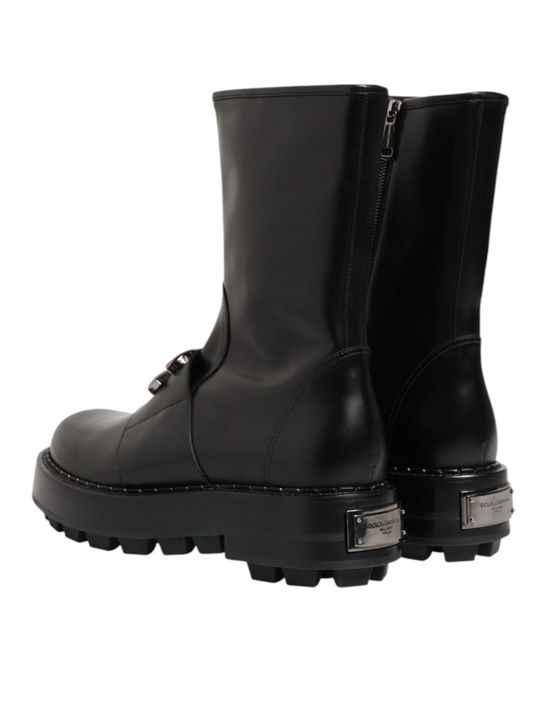Dolce & Gabbana Black Logo Plaque Mid Calf Biker Boots Shoes - Beyzy Store - Dolce & Gabbana