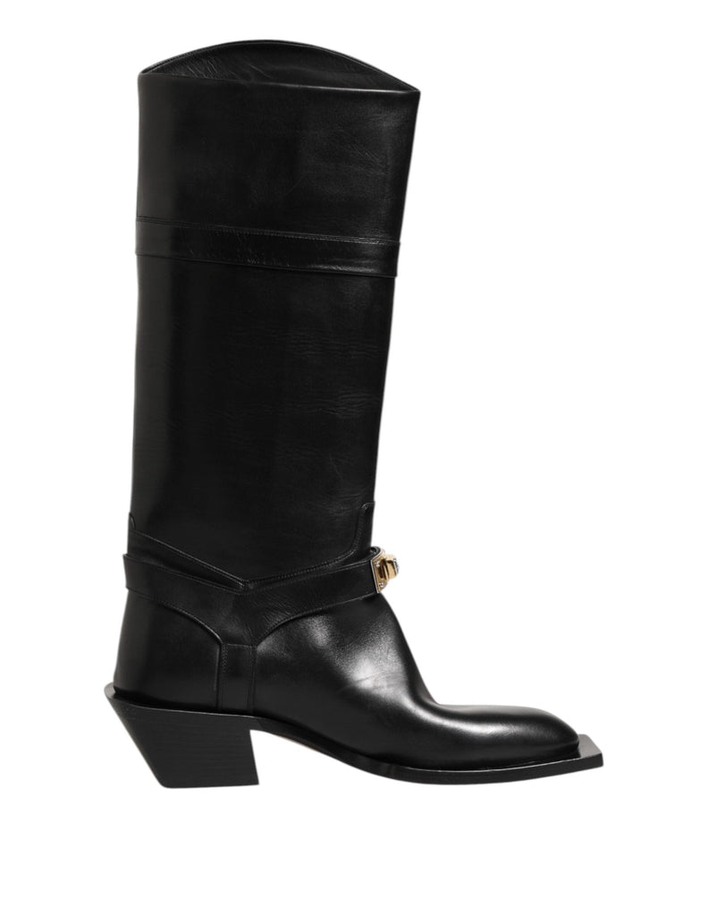 Dolce & Gabbana Black Logo Plaque Over The Calf Boot Shoes - Beyzy Store - Dolce & Gabbana