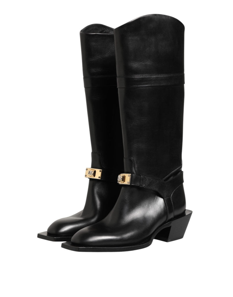 Dolce & Gabbana Black Logo Plaque Over The Calf Boot Shoes - Beyzy Store - Dolce & Gabbana