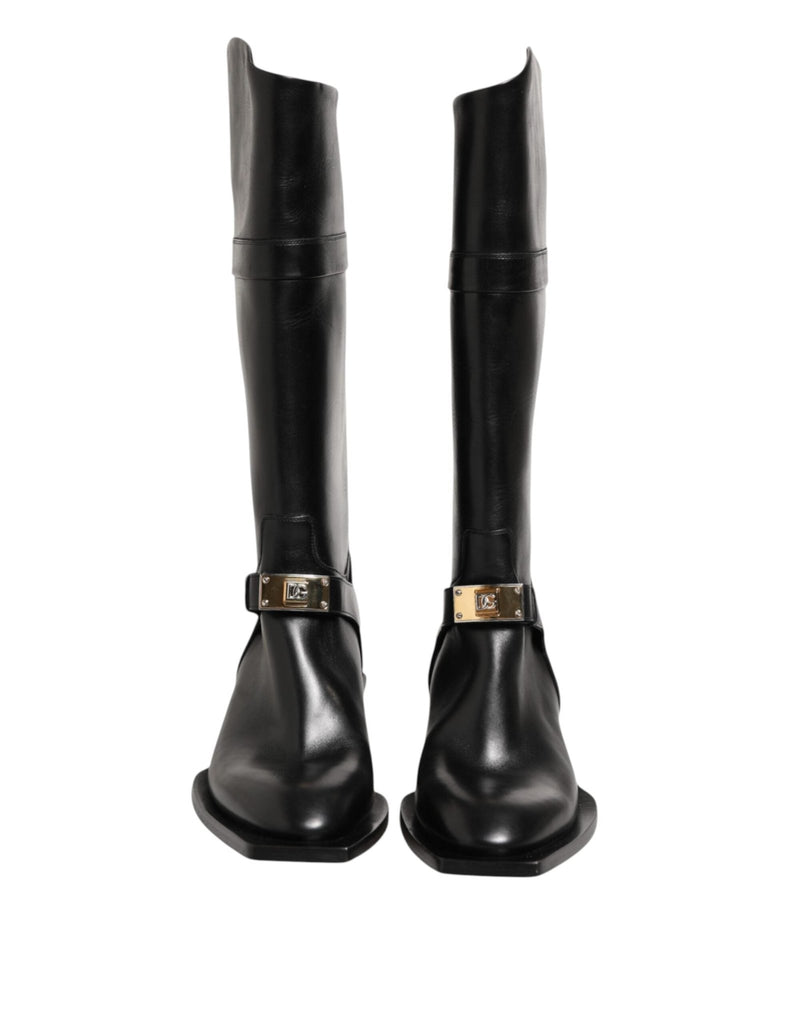 Dolce & Gabbana Black Logo Plaque Over The Calf Boot Shoes - Beyzy Store - Dolce & Gabbana
