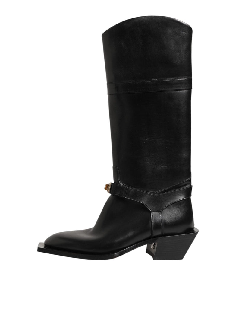 Dolce & Gabbana Black Logo Plaque Over The Calf Boot Shoes - Beyzy Store - Dolce & Gabbana