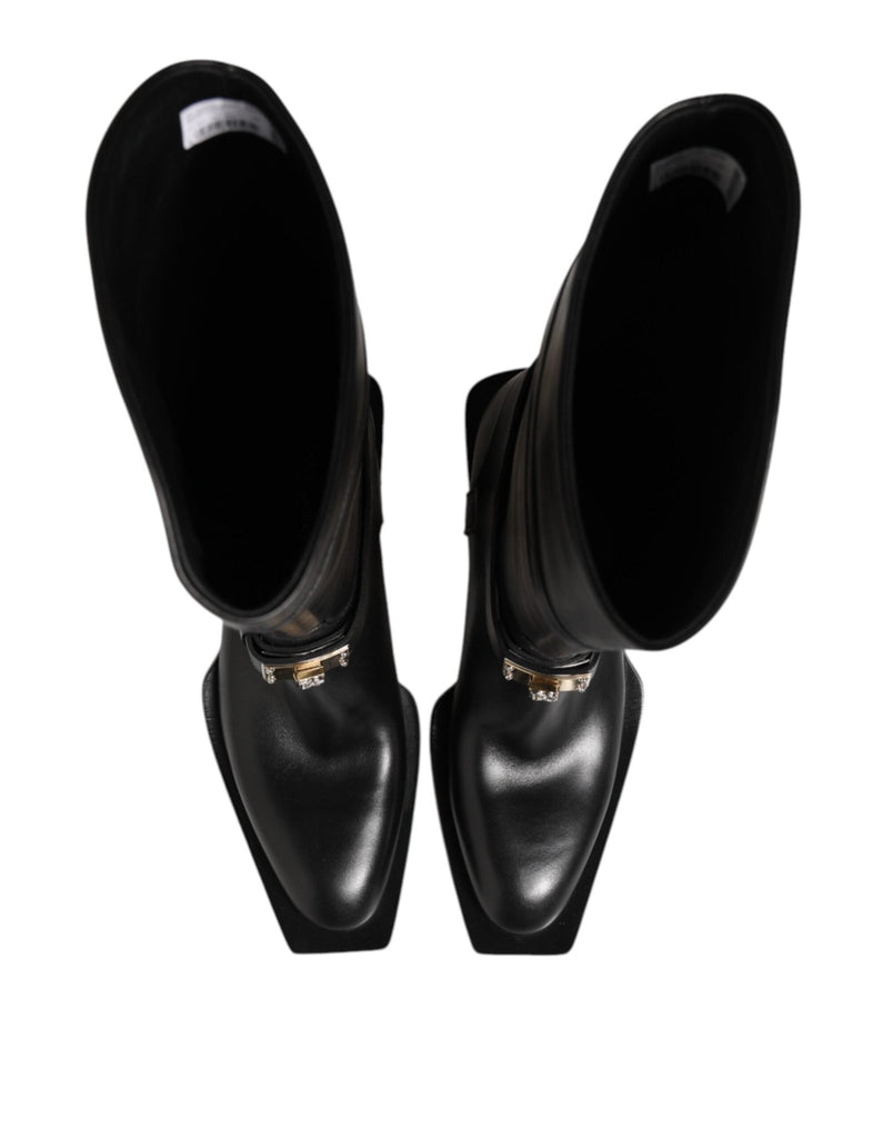 Dolce & Gabbana Black Logo Plaque Over The Calf Boot Shoes - Beyzy Store - Dolce & Gabbana