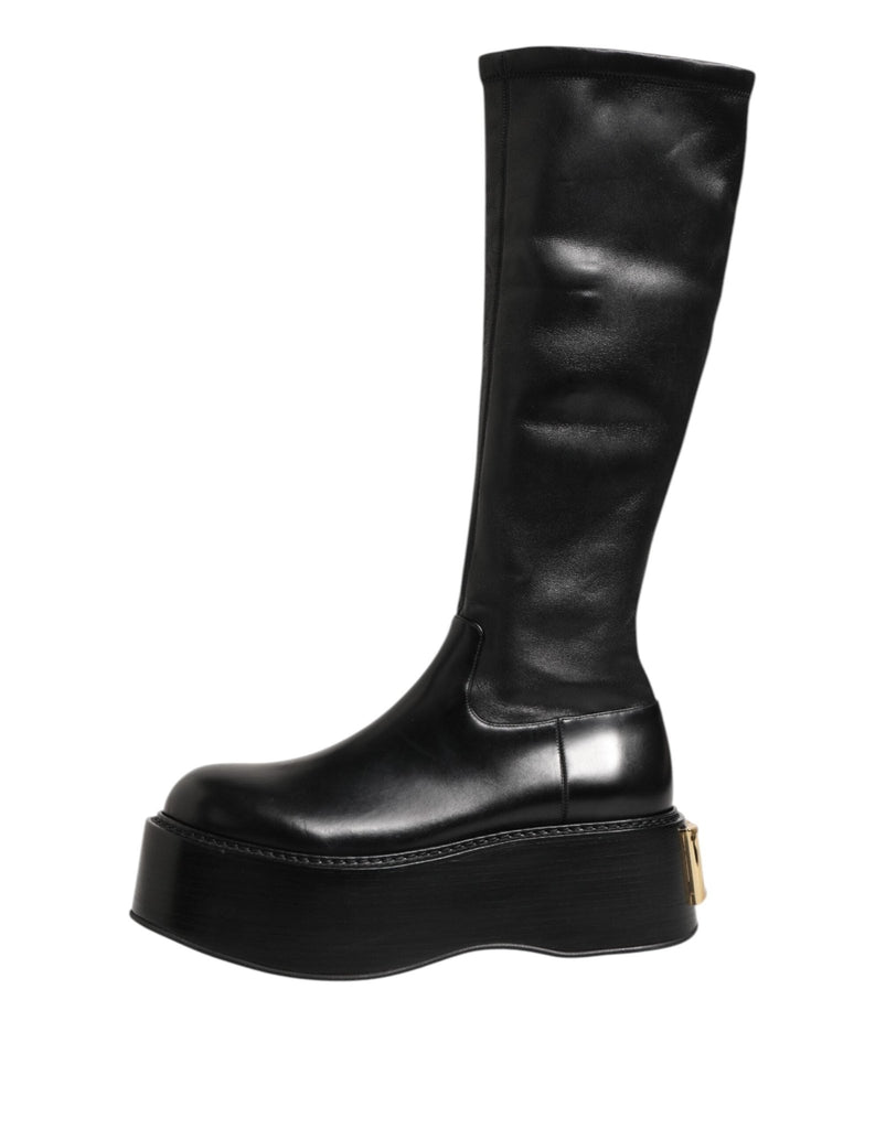 Dolce & Gabbana Black Logo Plaque Over The Calf Boots Shoes - Beyzy Store - Dolce & Gabbana