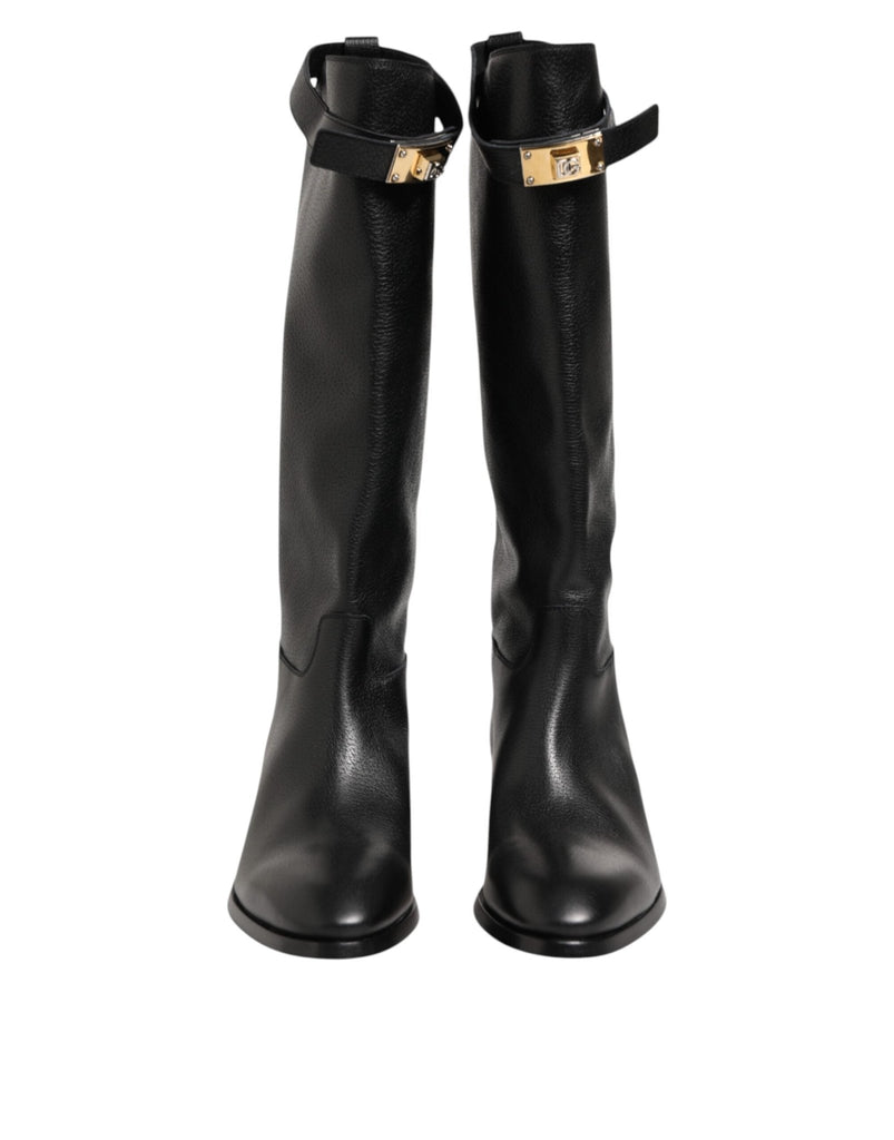 Dolce & Gabbana Black Logo Plaque Over The Calf Boots Shoes - Beyzy Store - Dolce & Gabbana