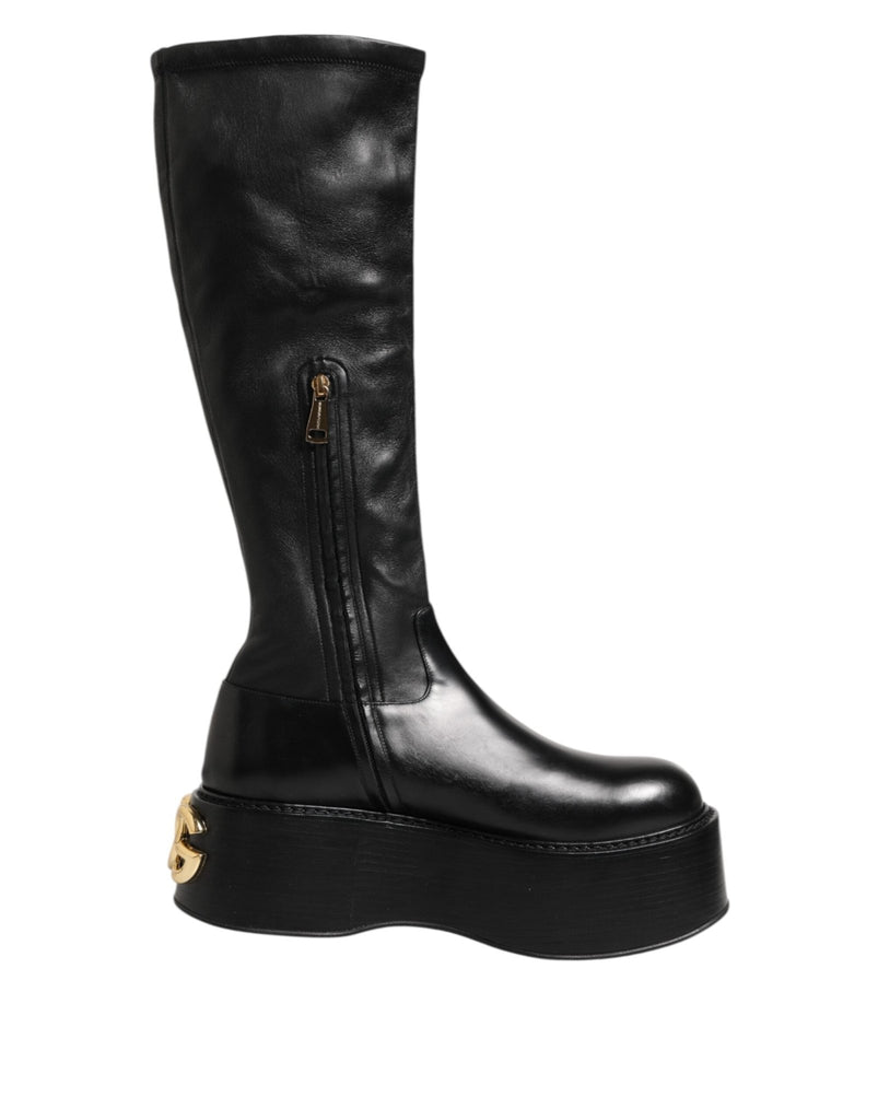 Dolce & Gabbana Black Logo Plaque Over The Calf Boots Shoes - Beyzy Store - Dolce & Gabbana