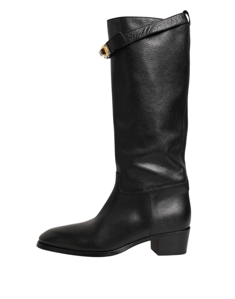Dolce & Gabbana Black Logo Plaque Over The Calf Boots Shoes - Beyzy Store - Dolce & Gabbana