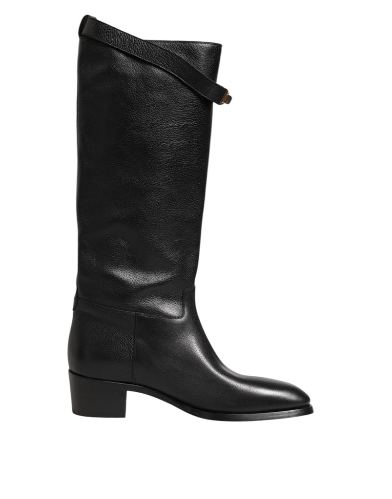 Dolce & Gabbana Black Logo Plaque Over The Calf Boots Shoes - Beyzy Store - Dolce & Gabbana