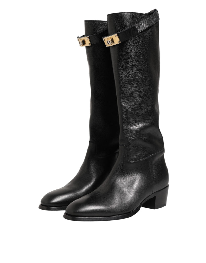 Dolce & Gabbana Black Logo Plaque Over The Calf Boots Shoes - Beyzy Store - Dolce & Gabbana
