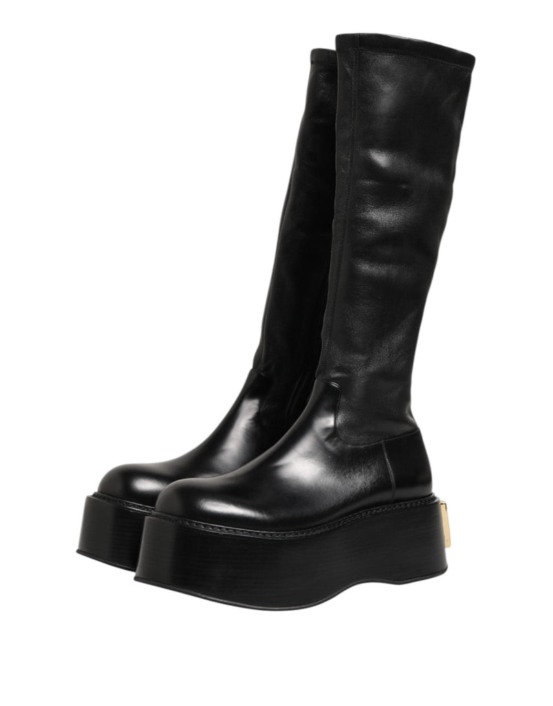 Dolce & Gabbana Black Logo Plaque Over The Calf Boots Shoes - Beyzy Store - Dolce & Gabbana