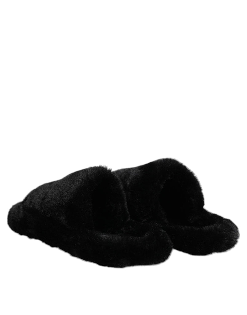 Dolce & Gabbana Black Polyester Velvet Slides Slipper Shoes - Beyzy Store - Dolce & Gabbana