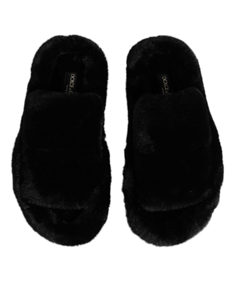 Dolce & Gabbana Black Polyester Velvet Slides Slipper Shoes - Beyzy Store - Dolce & Gabbana