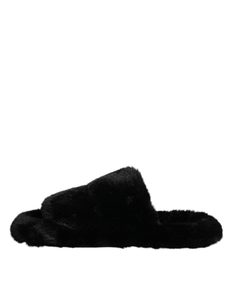 Dolce & Gabbana Black Polyester Velvet Slides Slipper Shoes - Beyzy Store - Dolce & Gabbana