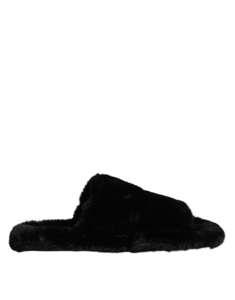 Dolce & Gabbana Black Polyester Velvet Slides Slipper Shoes - Beyzy Store - Dolce & Gabbana