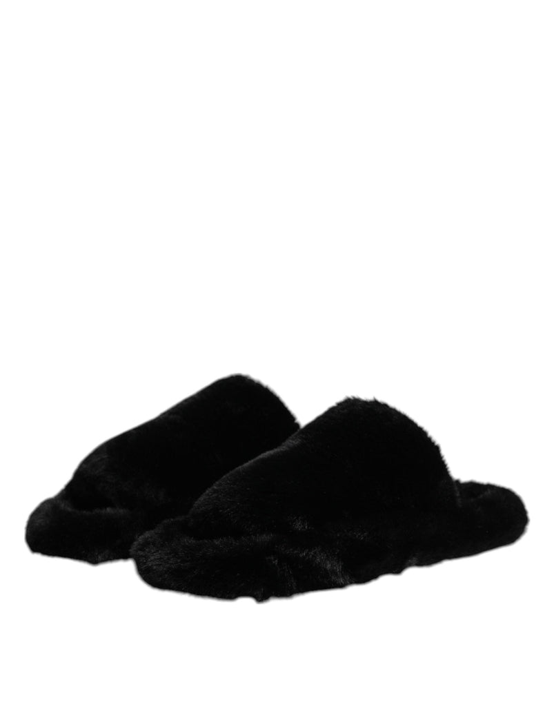Dolce & Gabbana Black Polyester Velvet Slides Slipper Shoes - Beyzy Store - Dolce & Gabbana