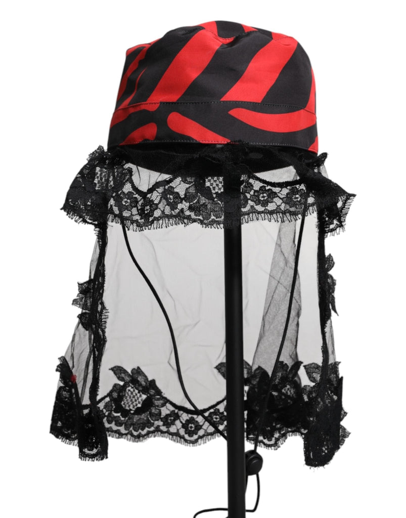 Dolce & Gabbana Black Red Stripes Lace Tulle Bucket Hat - Beyzy Store - Dolce & Gabbana