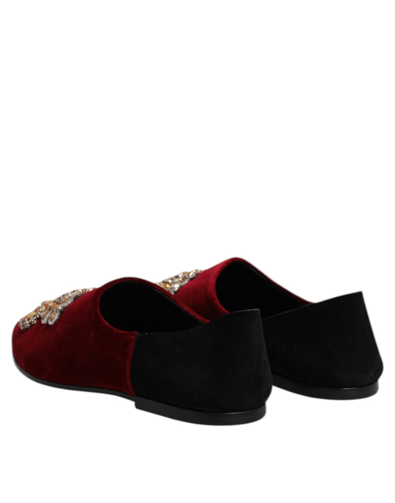 Dolce & Gabbana Black Red Velvet Embellished Slip On Shoes - Beyzy Store - Dolce & Gabbana