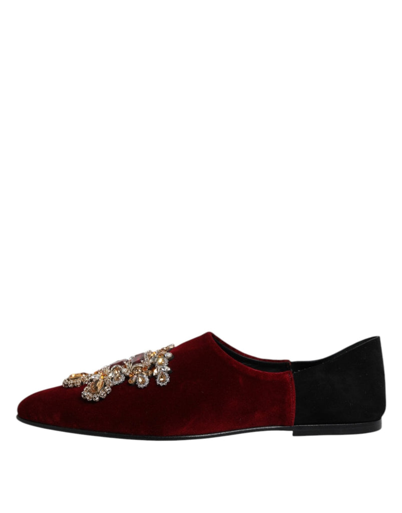 Dolce & Gabbana Black Red Velvet Embellished Slip On Shoes - Beyzy Store - Dolce & Gabbana
