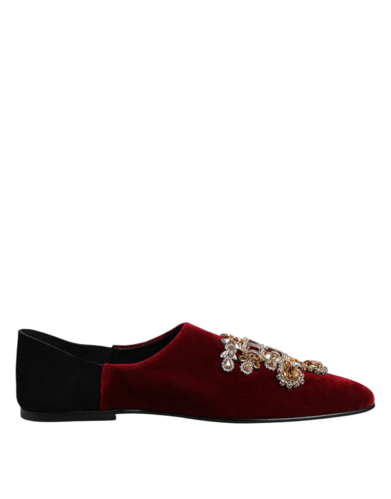 Dolce & Gabbana Black Red Velvet Embellished Slip On Shoes - Beyzy Store - Dolce & Gabbana
