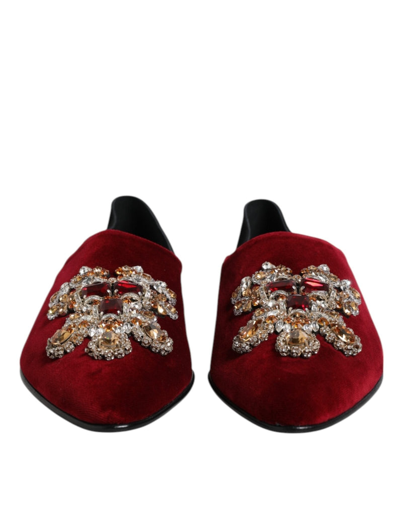 Dolce & Gabbana Black Red Velvet Embellished Slip On Shoes - Beyzy Store - Dolce & Gabbana