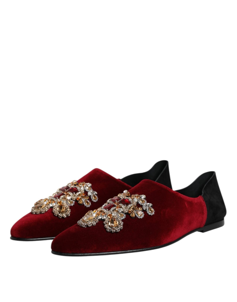 Dolce & Gabbana Black Red Velvet Embellished Slip On Shoes - Beyzy Store - Dolce & Gabbana