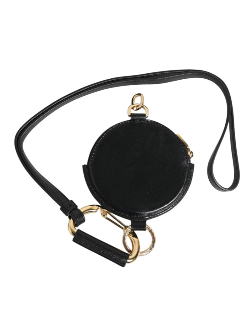 Dolce & Gabbana Black Round Leather DG Logo Coin Purse Lanyard Wallet - Beyzy Store - Dolce & Gabbana
