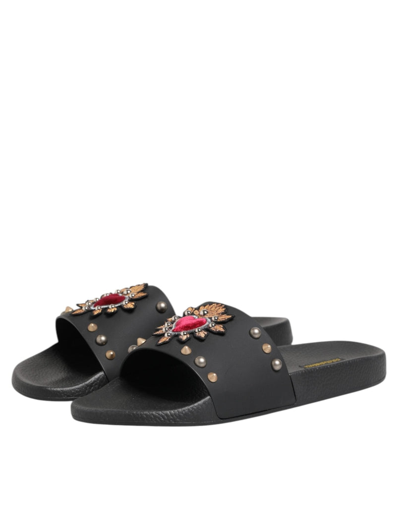 Dolce & Gabbana Black Rubber Sacred Heart Slides Men Beachwear Shoes - Beyzy Store - Dolce & Gabbana