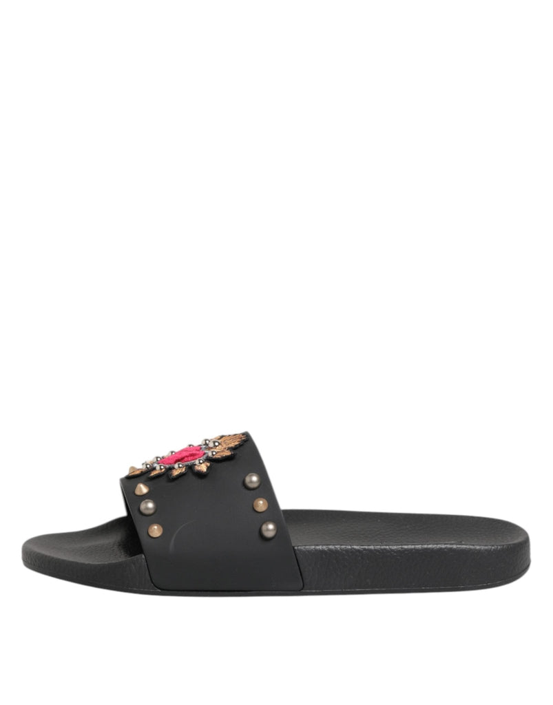 Dolce & Gabbana Black Rubber Sacred Heart Slides Men Beachwear Shoes - Beyzy Store - Dolce & Gabbana
