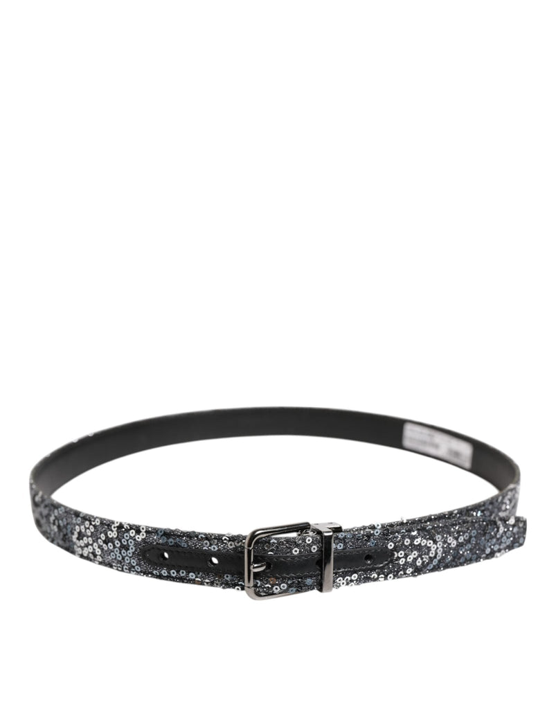Dolce & Gabbana Black Sequins Silver Metal Logo Buckle Belt - Beyzy Store - Dolce & Gabbana