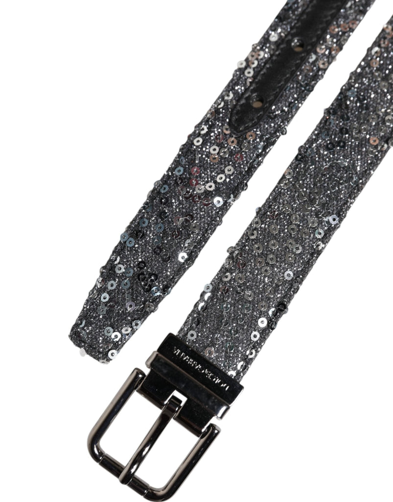 Dolce & Gabbana Black Sequins Silver Metal Logo Buckle Belt - Beyzy Store - Dolce & Gabbana