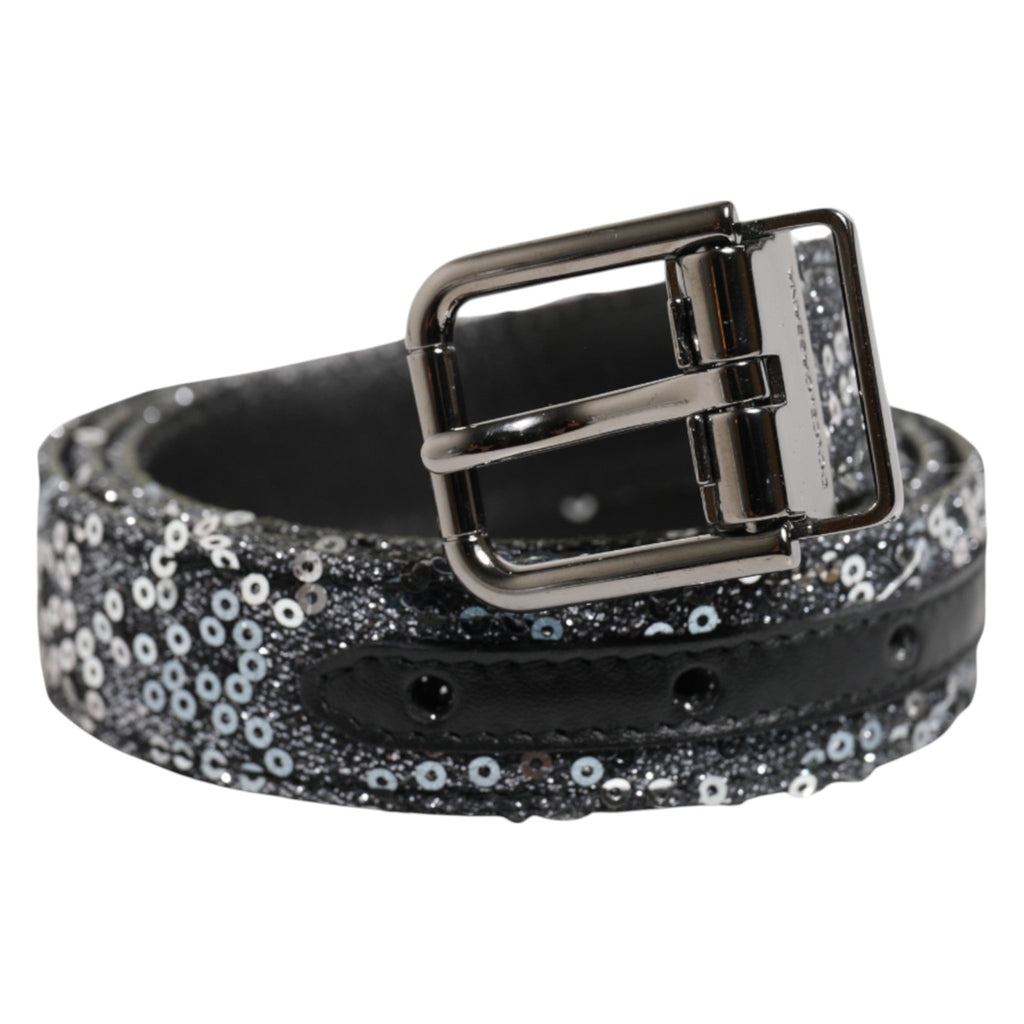 Dolce & Gabbana Black Sequins Silver Metal Logo Buckle Belt - Beyzy Store - Dolce & Gabbana
