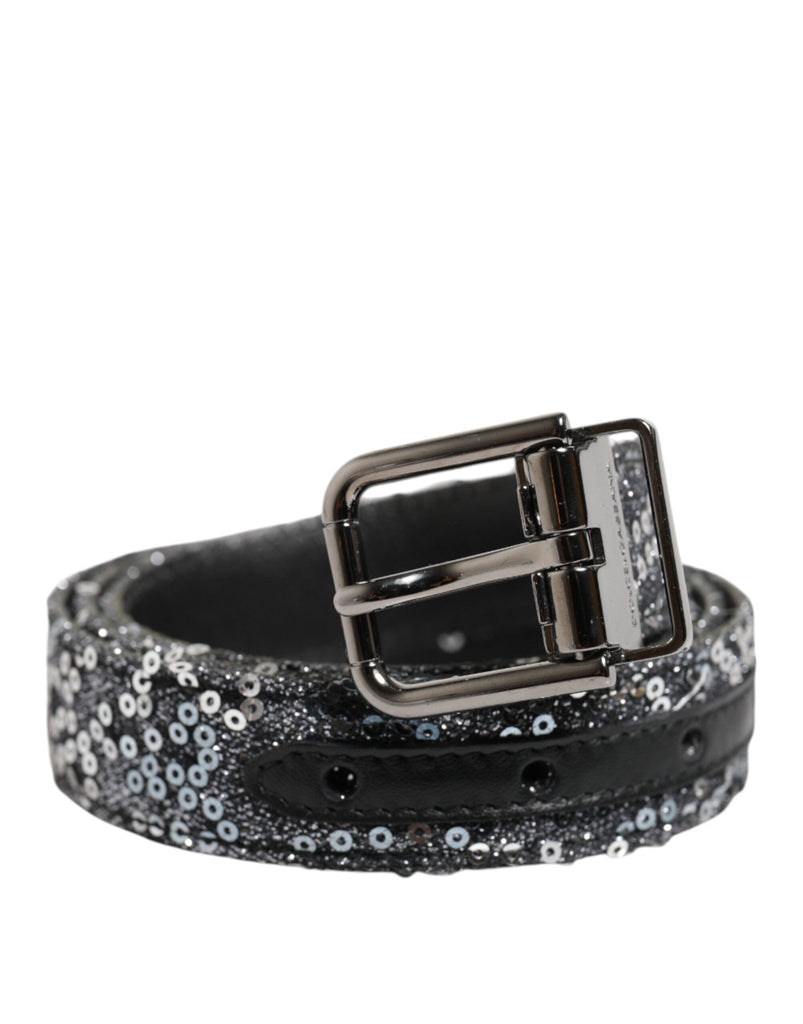 Dolce & Gabbana Black Sequins Silver Metal Logo Buckle Belt - Beyzy Store - Dolce & Gabbana