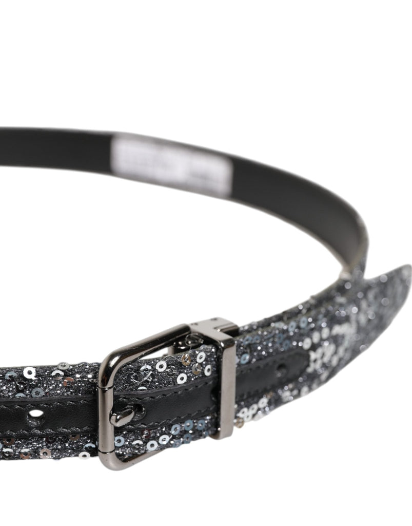Dolce & Gabbana Black Sequins Silver Metal Logo Buckle Belt - Beyzy Store - Dolce & Gabbana