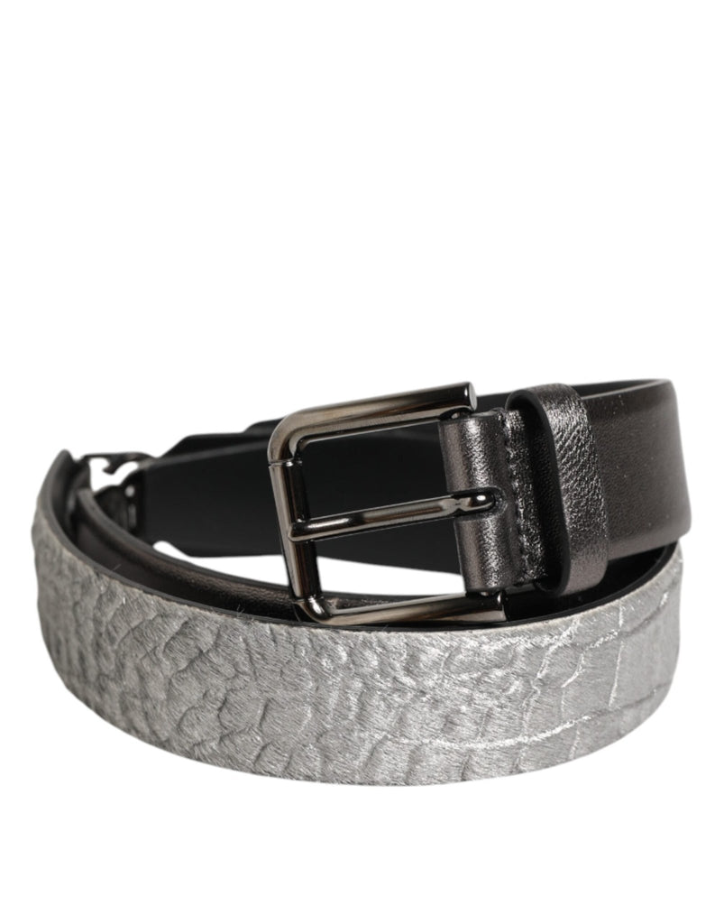 Dolce & Gabbana Black Silver Pebbled Texture Leather Buckle Men Belt - Beyzy Store - Dolce & Gabbana
