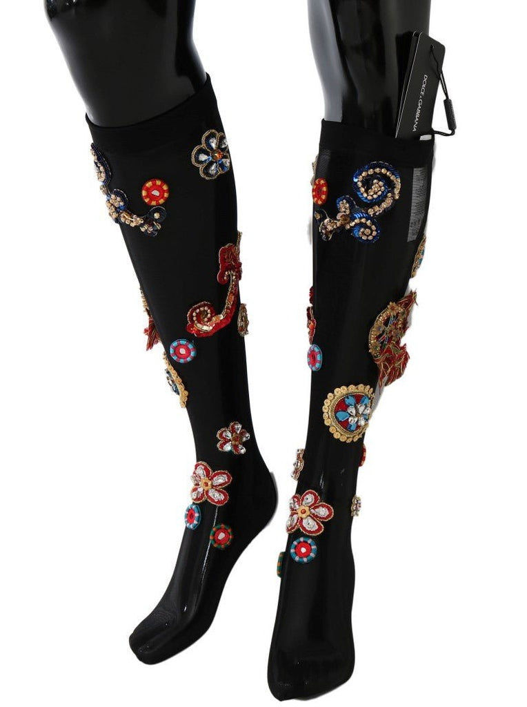 Dolce & Gabbana Black Stretch Carretto Crystal Socks - Beyzy Store - Dolce & Gabbana