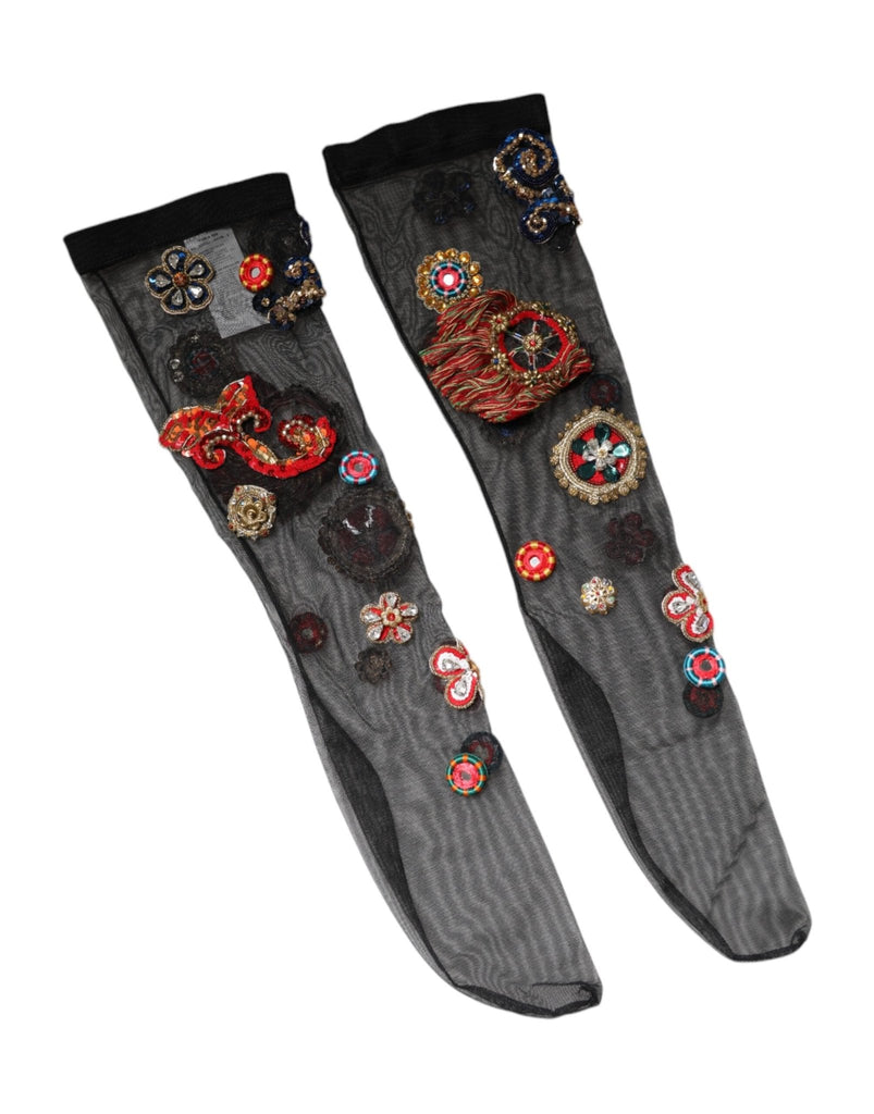 Dolce & Gabbana Black Stretch Carretto Crystal Stockings Socks - Beyzy Store - Dolce & Gabbana