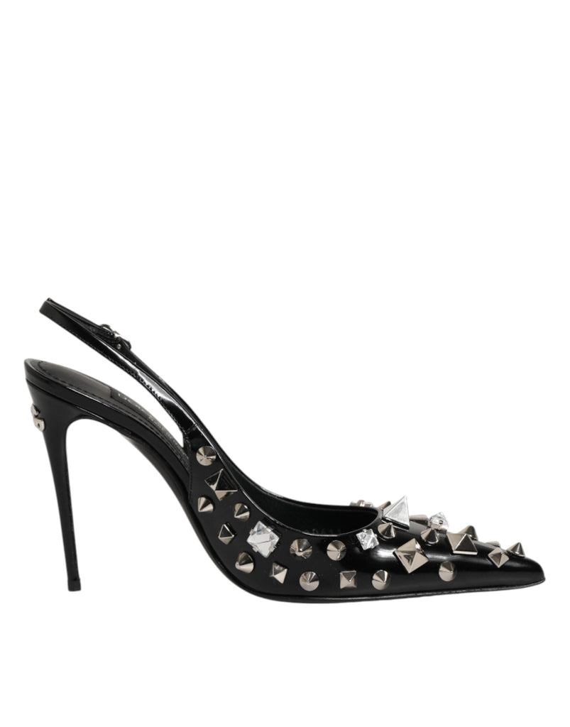 Dolce & Gabbana Black Studded Leather Heels Slingbacks Shoes - Beyzy Store - Dolce & Gabbana