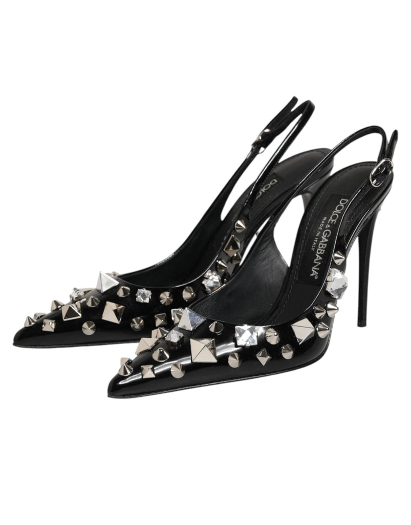 Dolce & Gabbana Black Studded Leather Heels Slingbacks Shoes - Beyzy Store - Dolce & Gabbana