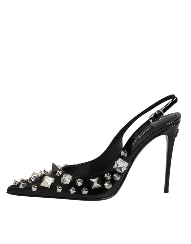 Dolce & Gabbana Black Studded Leather Heels Slingbacks Shoes - Beyzy Store - Dolce & Gabbana