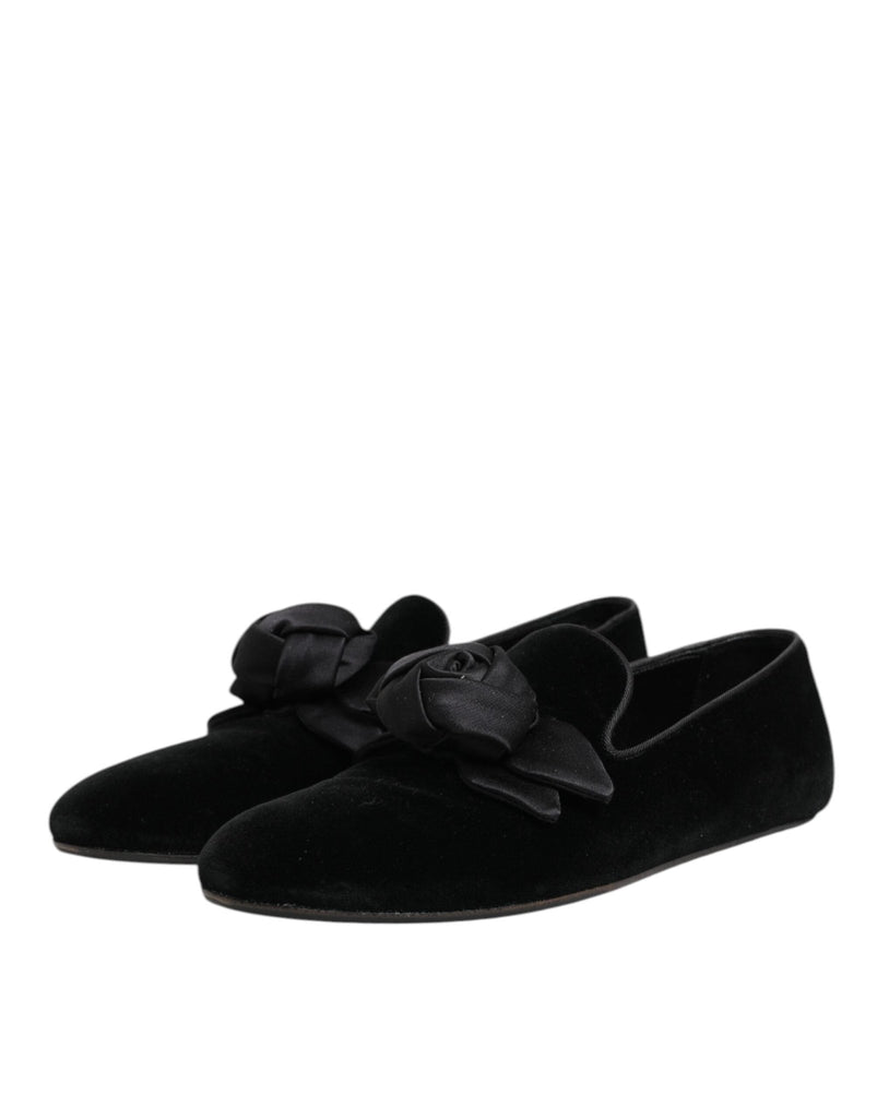 Dolce & Gabbana Black Suede Cotton Rose Slip On Loafers Shoes - Beyzy Store - Dolce & Gabbana