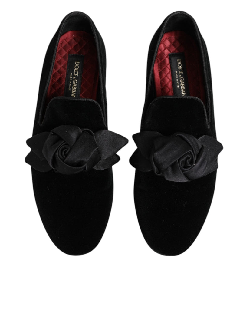 Dolce & Gabbana Black Suede Cotton Rose Slip On Loafers Shoes - Beyzy Store - Dolce & Gabbana
