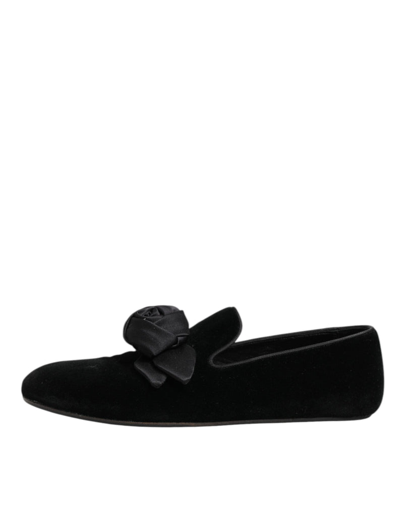 Dolce & Gabbana Black Suede Cotton Rose Slip On Loafers Shoes - Beyzy Store - Dolce & Gabbana