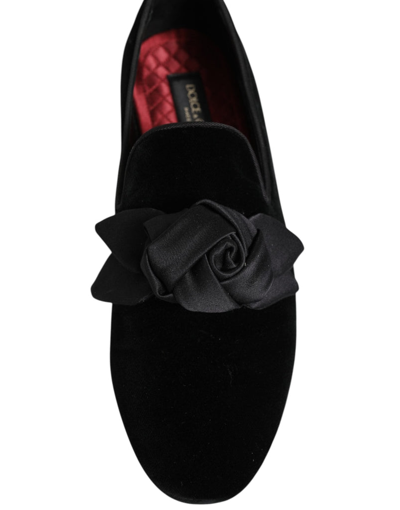 Dolce & Gabbana Black Suede Cotton Rose Slip On Loafers Shoes - Beyzy Store - Dolce & Gabbana
