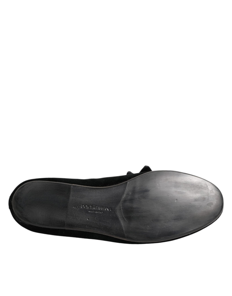 Dolce & Gabbana Black Suede Cotton Rose Slip On Loafers Shoes - Beyzy Store - Dolce & Gabbana
