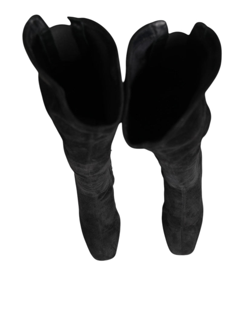 Dolce & Gabbana Black Suede Leather Knee High Boots Shoes - Beyzy Store - Dolce & Gabbana